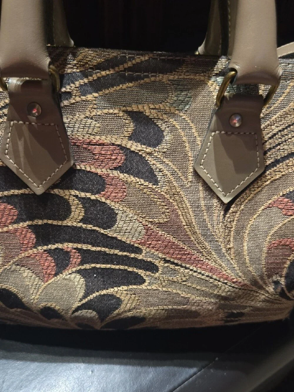 French~Tapestry Pattern Satchel Handbag in Tan and Black